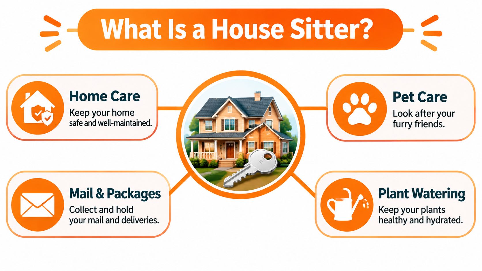 An infographic titled What Is a House Sitter, illustrating home maintenance, pet care, mail collection, and plant watering.