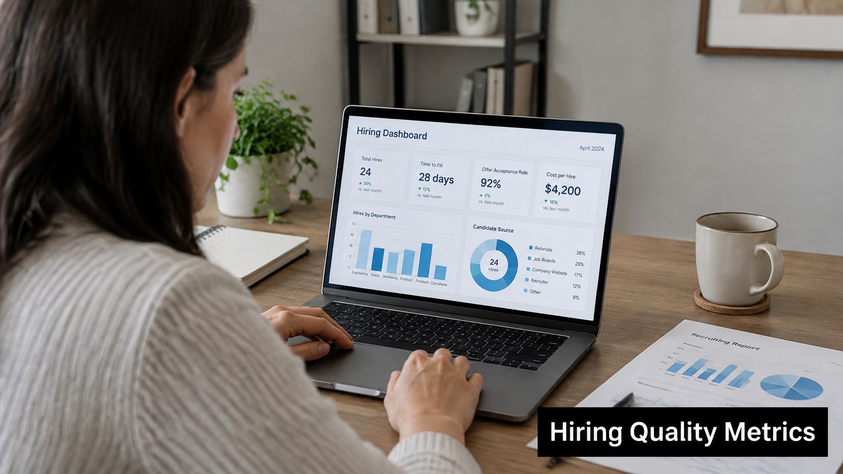 A professional woman working on a laptop displaying a digital hiring dashboard with recruitment performance metrics.