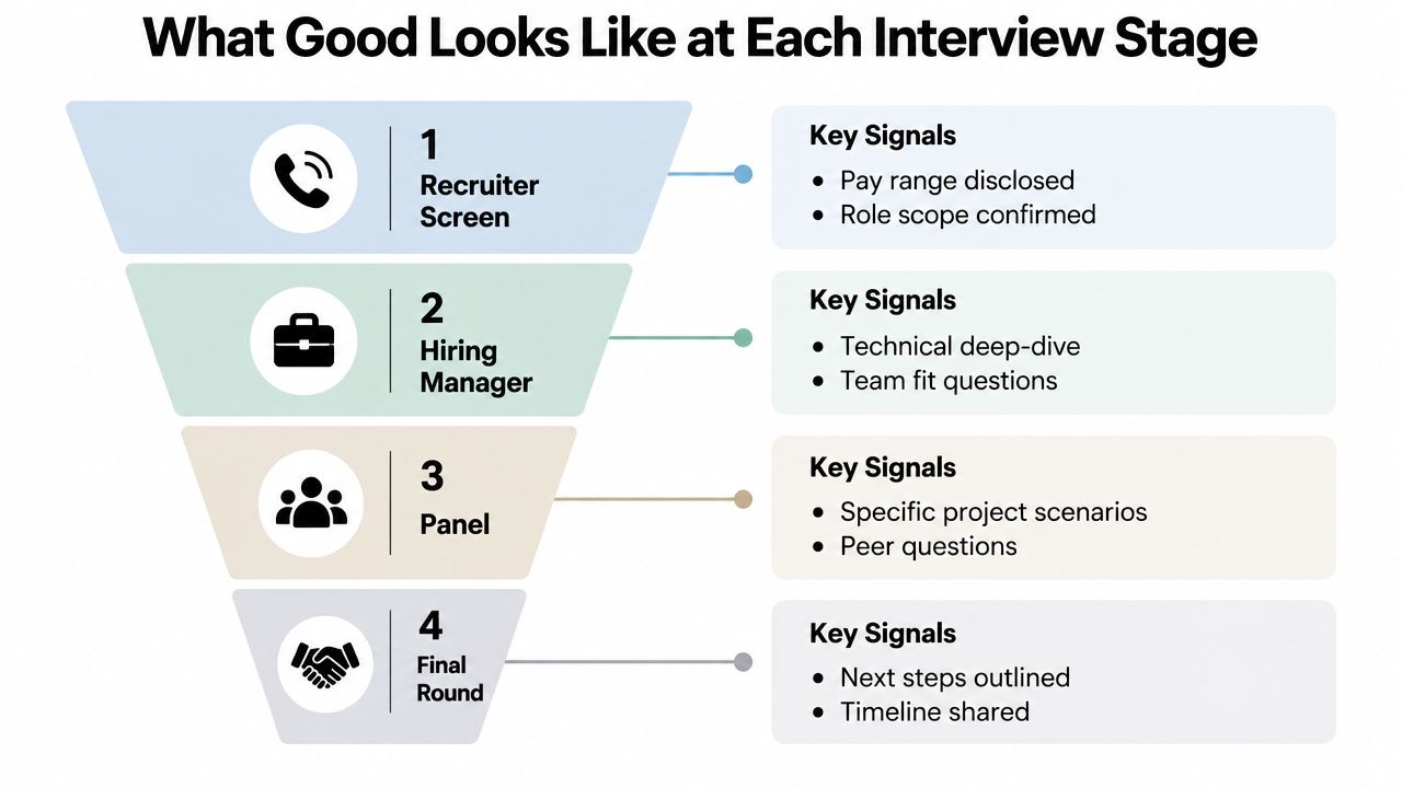 A funnel diagram illustrating four key stages of a job interview process and their corresponding signals.