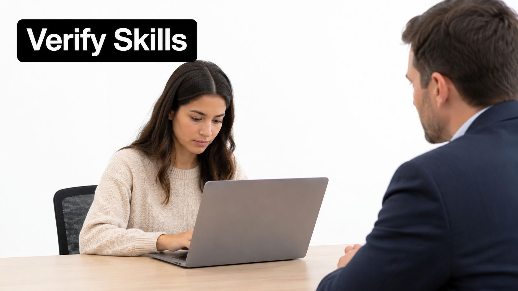 A job candidate typing on a laptop during an interview with a recruitment consultant.