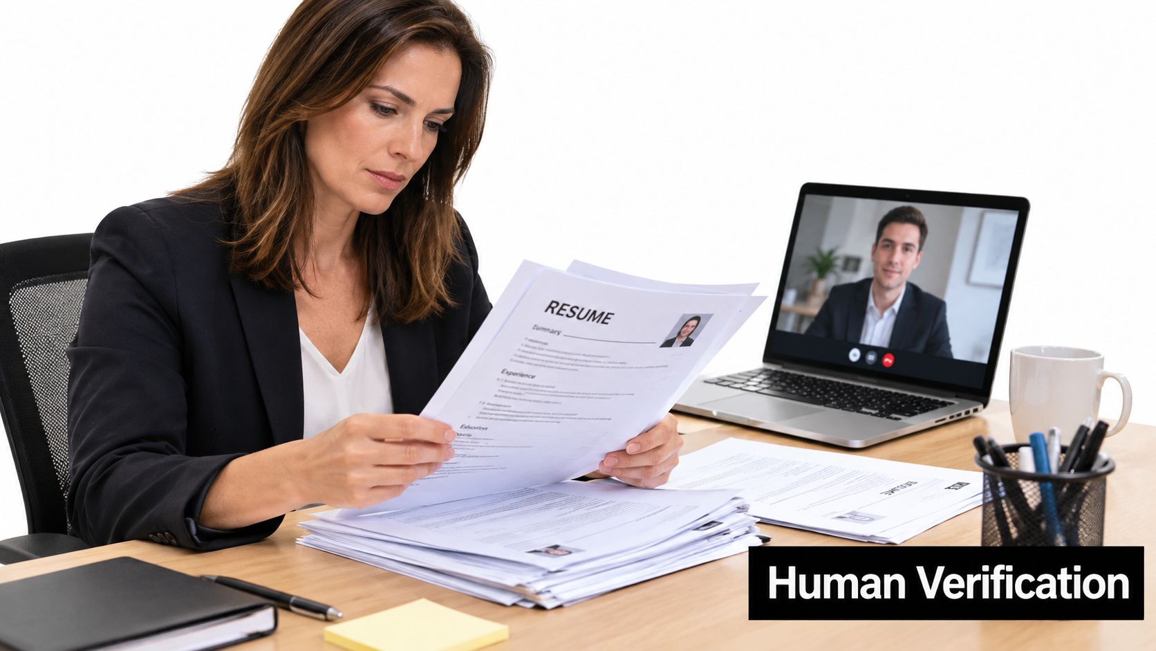 A professional woman reviews resumes at her desk while conducting a virtual job interview on a laptop.