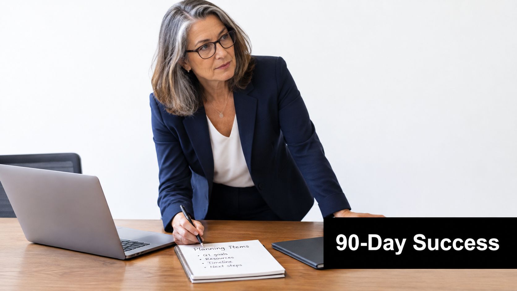 A professional woman in a suit standing at a desk with a laptop and a notepad.