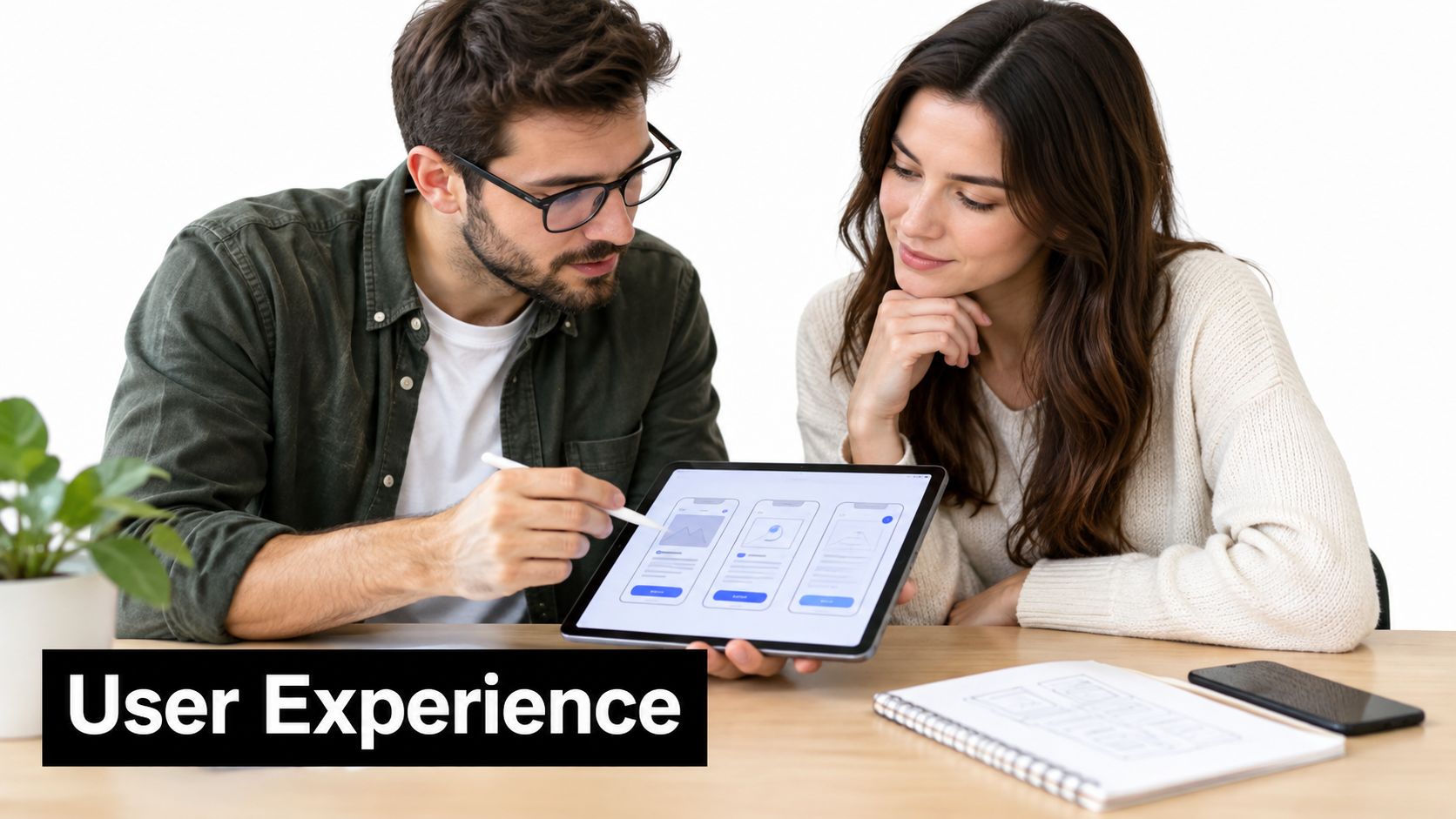 A man and woman collaborating on a digital user interface design on a tablet in an office.