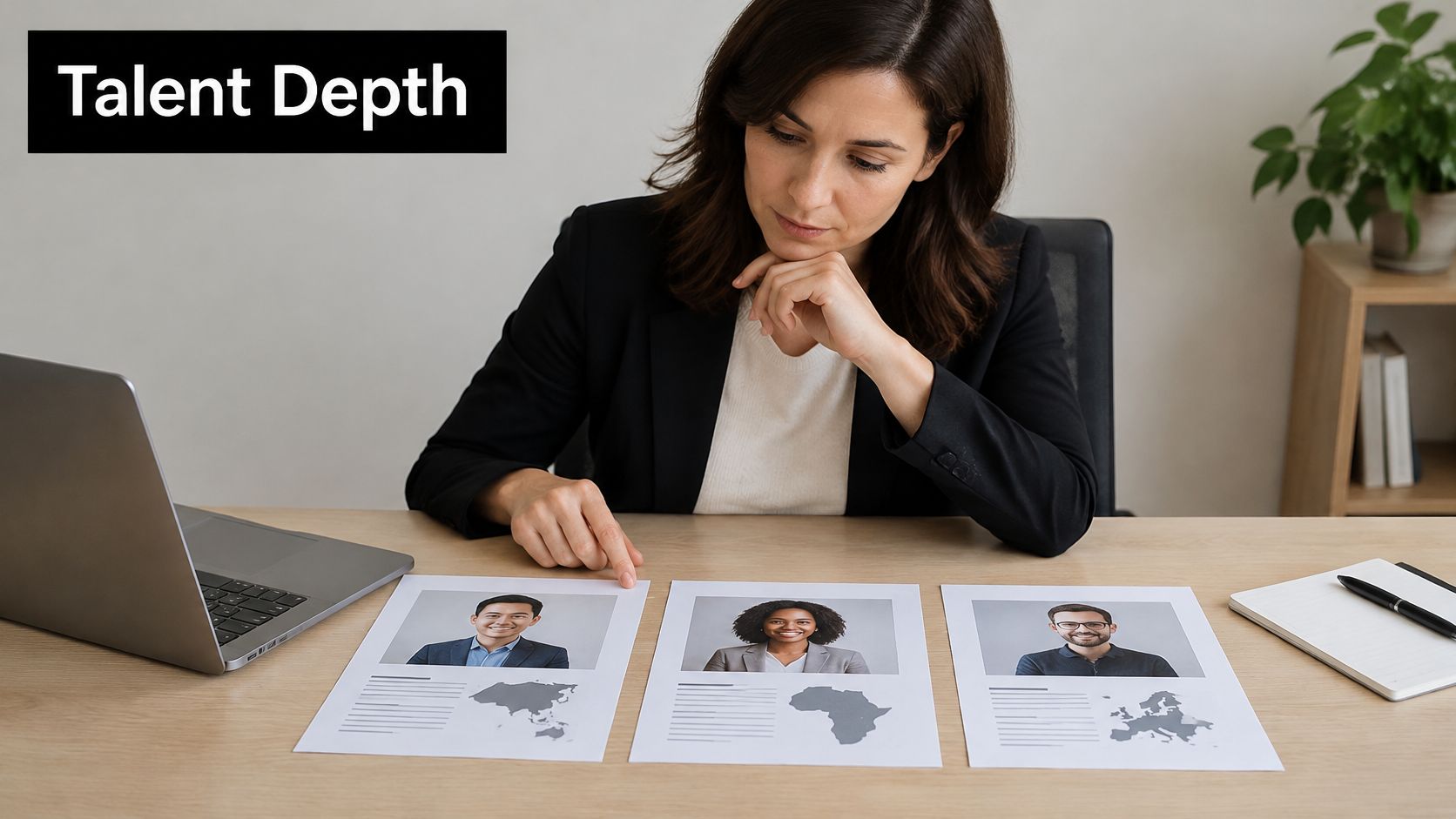A professional woman reviewing candidate resumes and portraits to evaluate talent depth for nearshore outsourcing strategies.