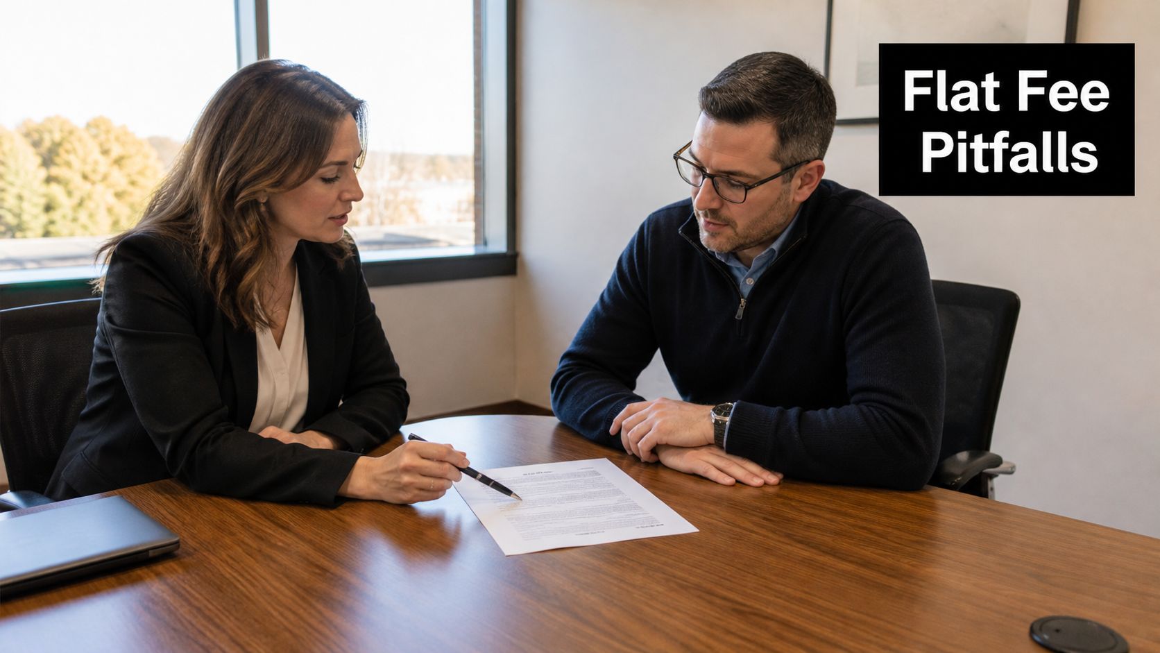A professional man and woman discussing a contract while seated at a wooden office desk.