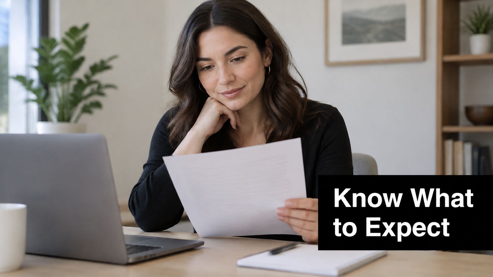 A professional woman sitting at a desk reading a document with a laptop and notebook nearby.