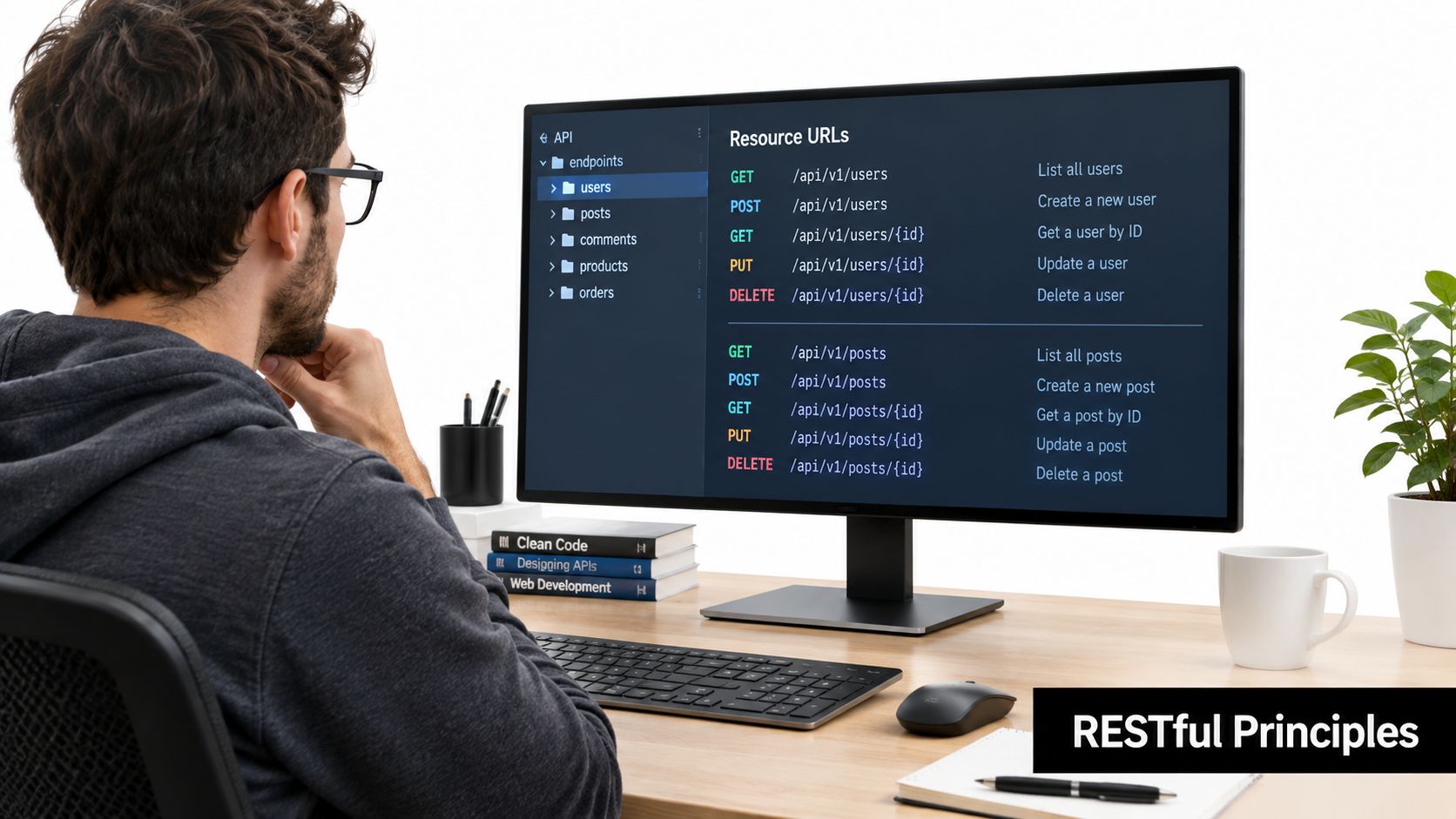 A developer working on a computer display showing RESTful API design documentation and endpoint structures.