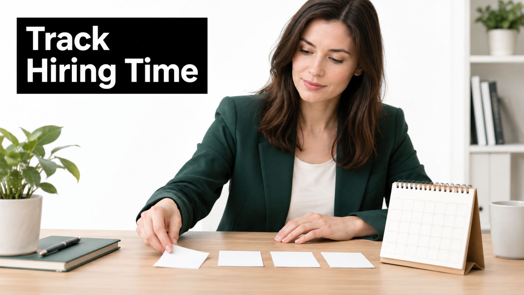 A professional woman in a green blazer sits at a desk organizing blank cards beside a calendar.