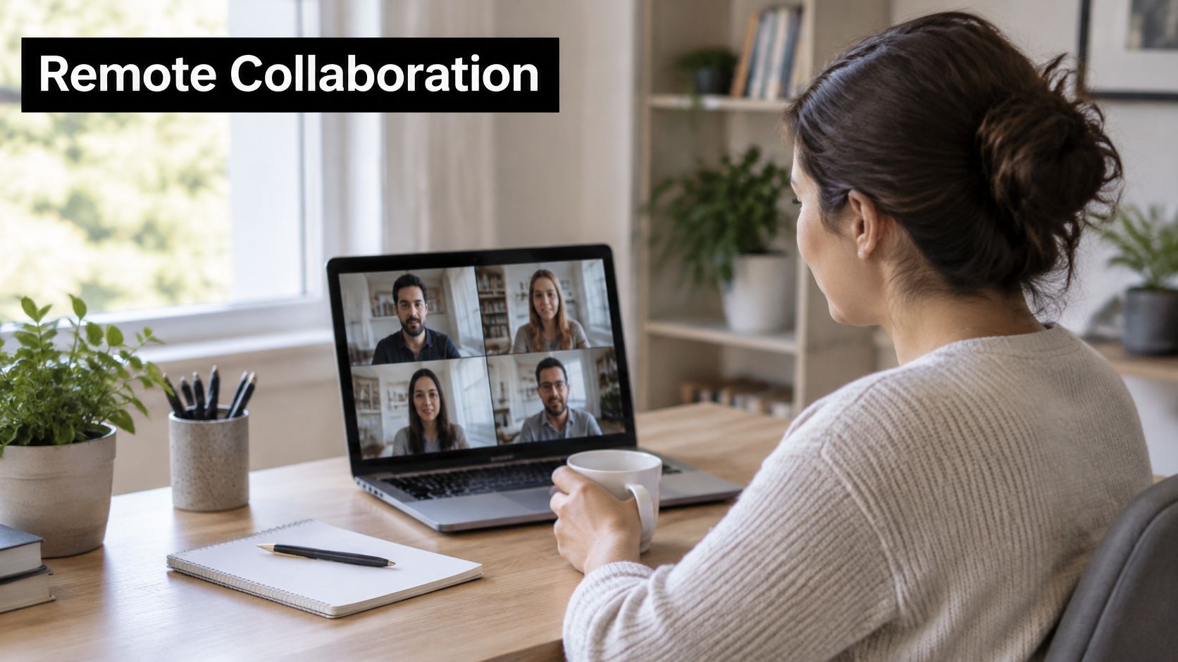 A woman participating in a remote video conference meeting on her laptop while holding a coffee mug.