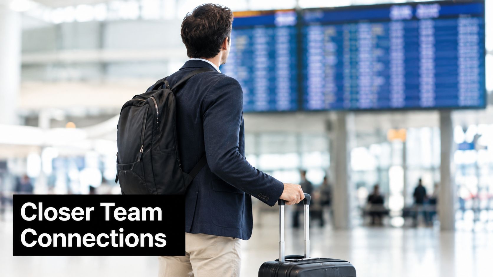 A professional man with a backpack and suitcase looks at an airport departure board, representing business travel.