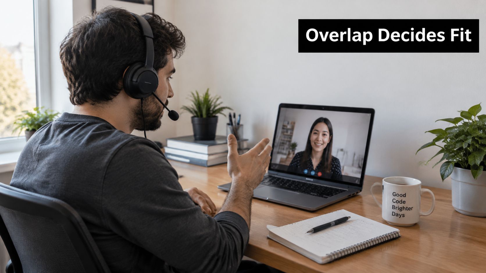 A software engineer with a headset having a video call interview with a female colleague on laptop.