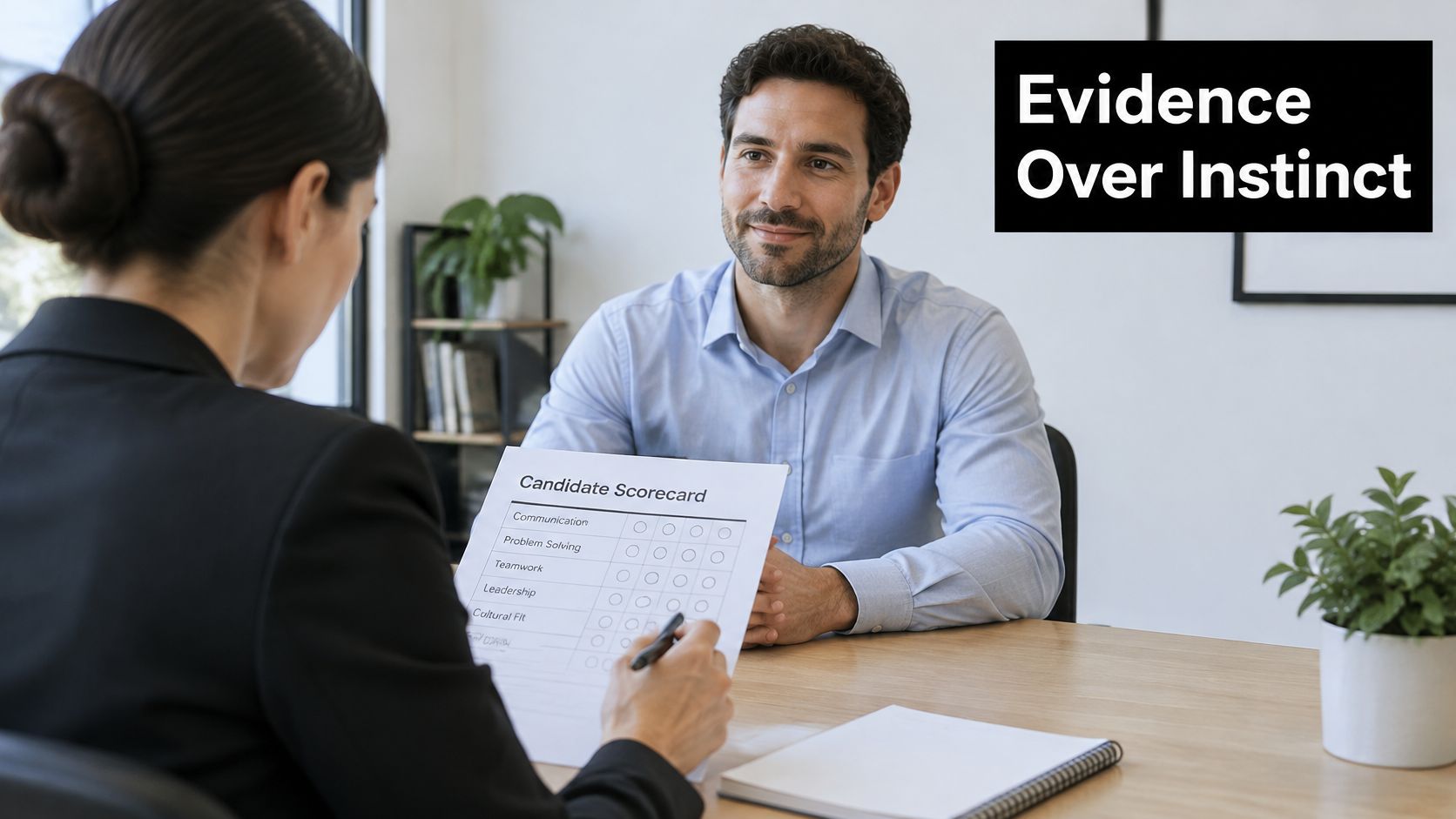 A professional woman interviewing a smiling man while holding a candidate scorecard in a modern office.