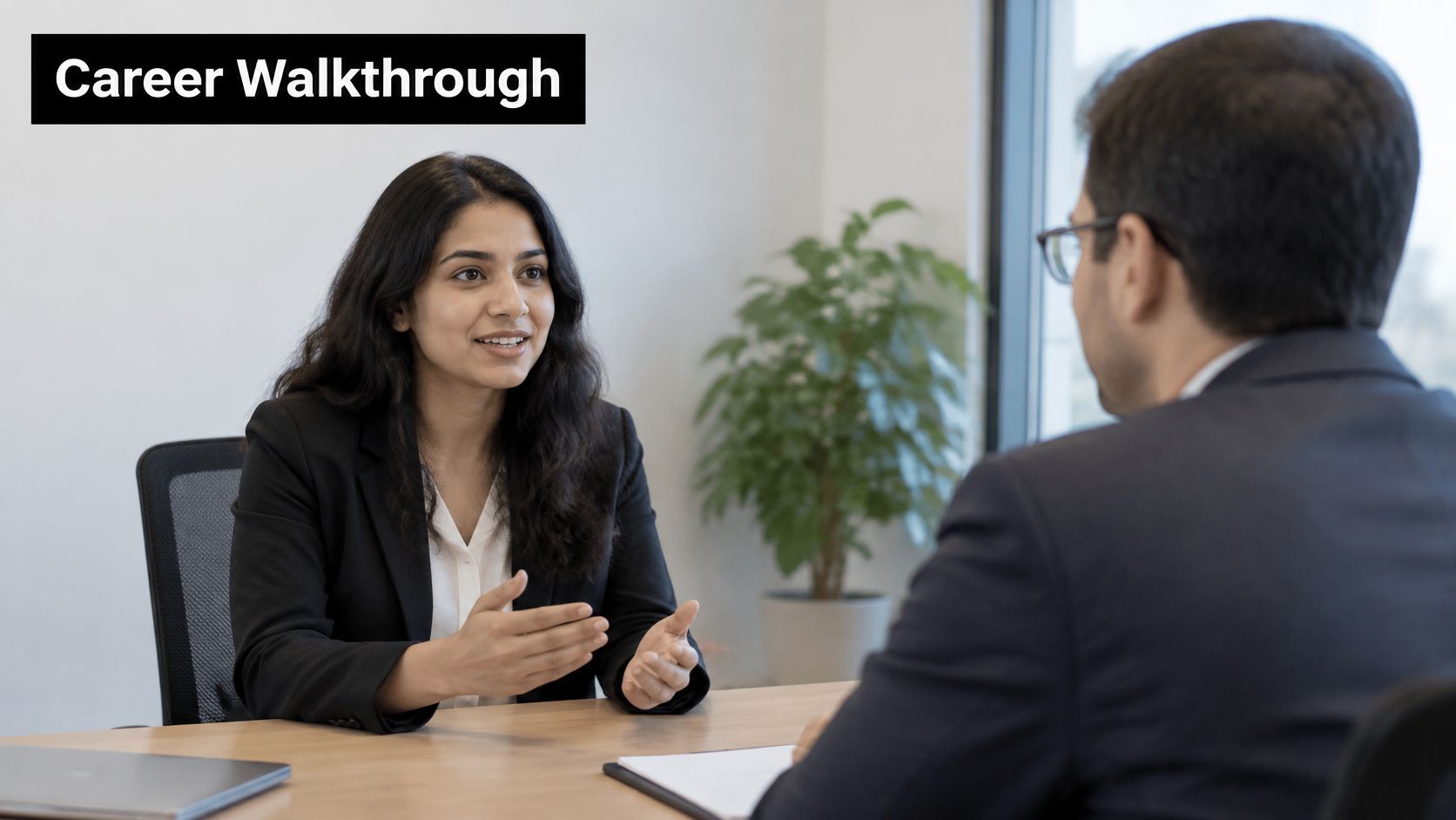 A professional job interview in an office setting with a woman speaking to a male interviewer.