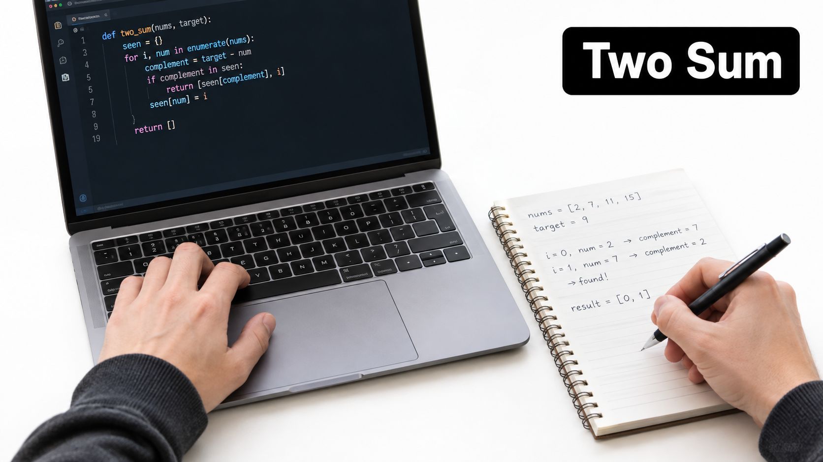 A person writing coding notes on a notepad next to a laptop displaying the Two Sum algorithm.