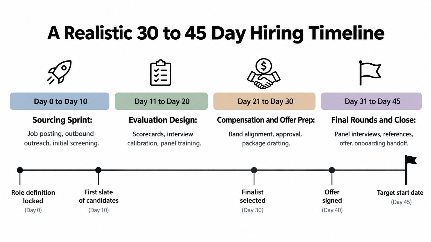 A diagram illustrating a realistic 30 to 45 day hiring timeline for a job recruitment process.