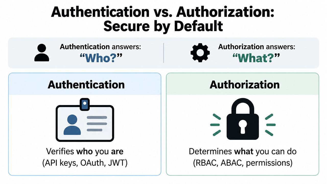 A diagram comparing authentication and authorization concepts for secure API design and user access control systems.