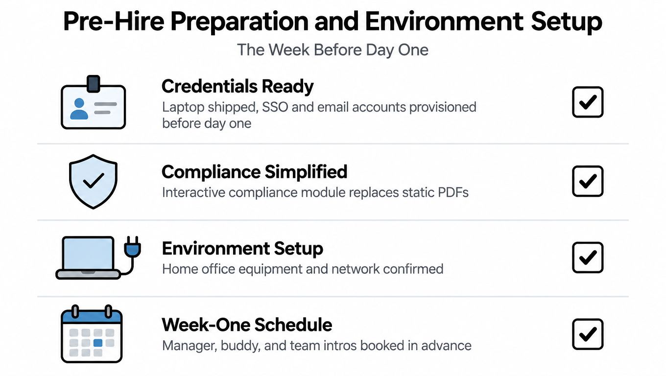 A checklist infographic detailing pre-hire preparation and remote environment setup tasks for new employees.