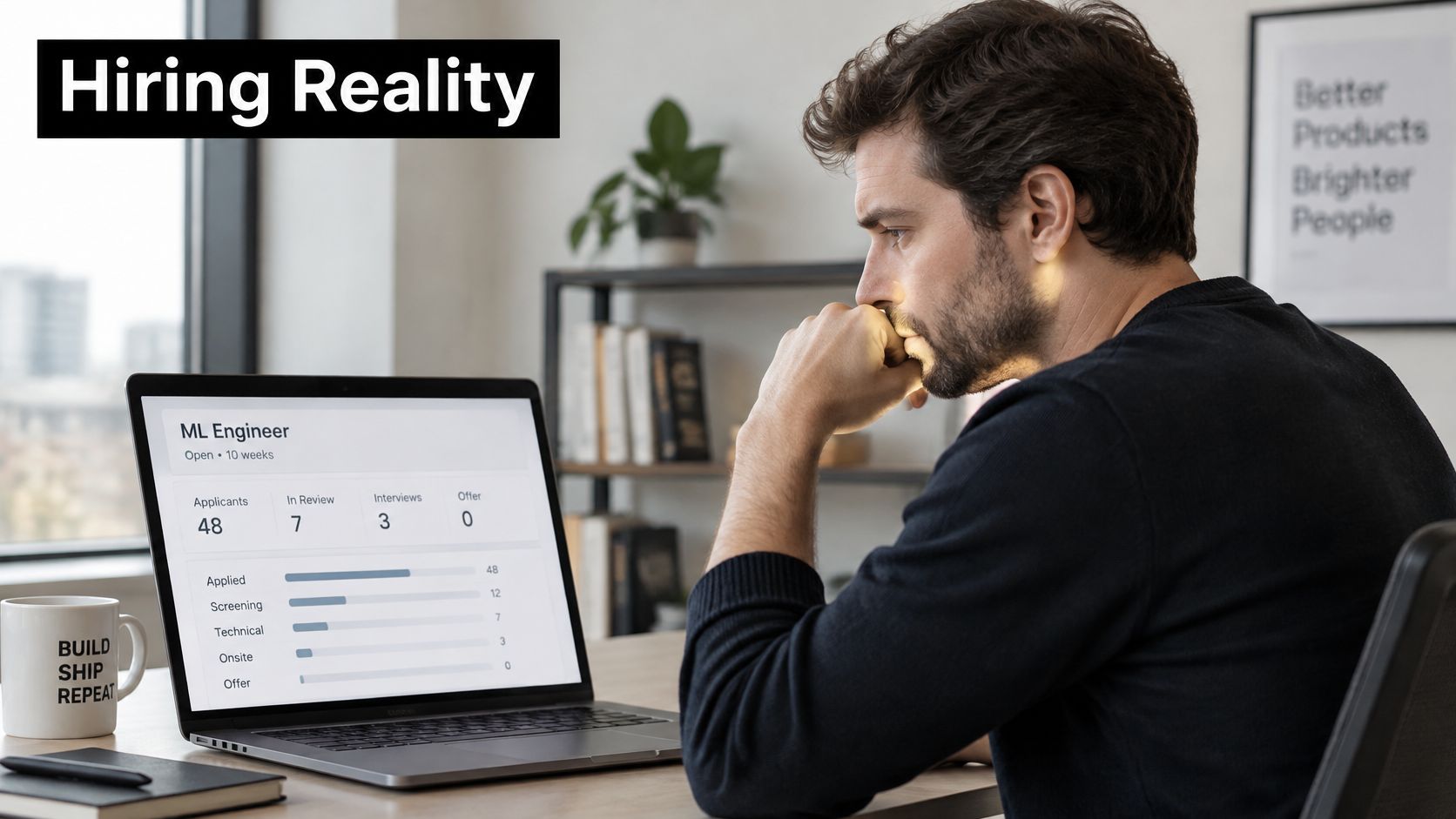 A man looking thoughtfully at a laptop screen displaying recruitment statistics for an ML Engineer position.
