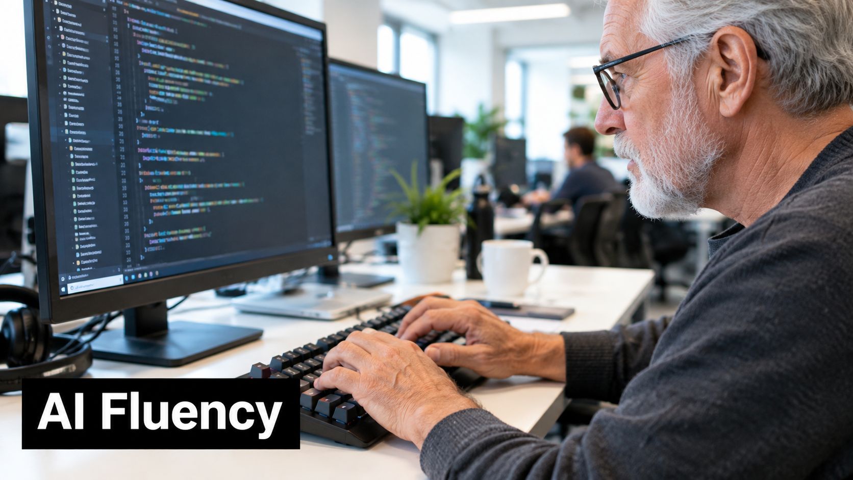 A professional senior developer with a beard working on code at a desk in an office.