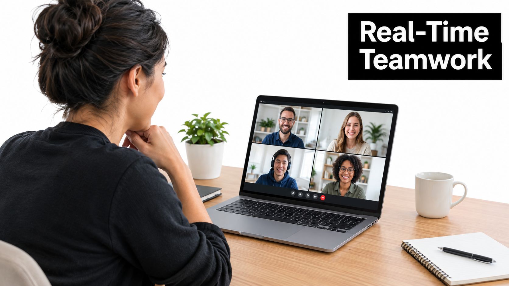 A woman working remotely on her laptop in a video call meeting with four colleagues.