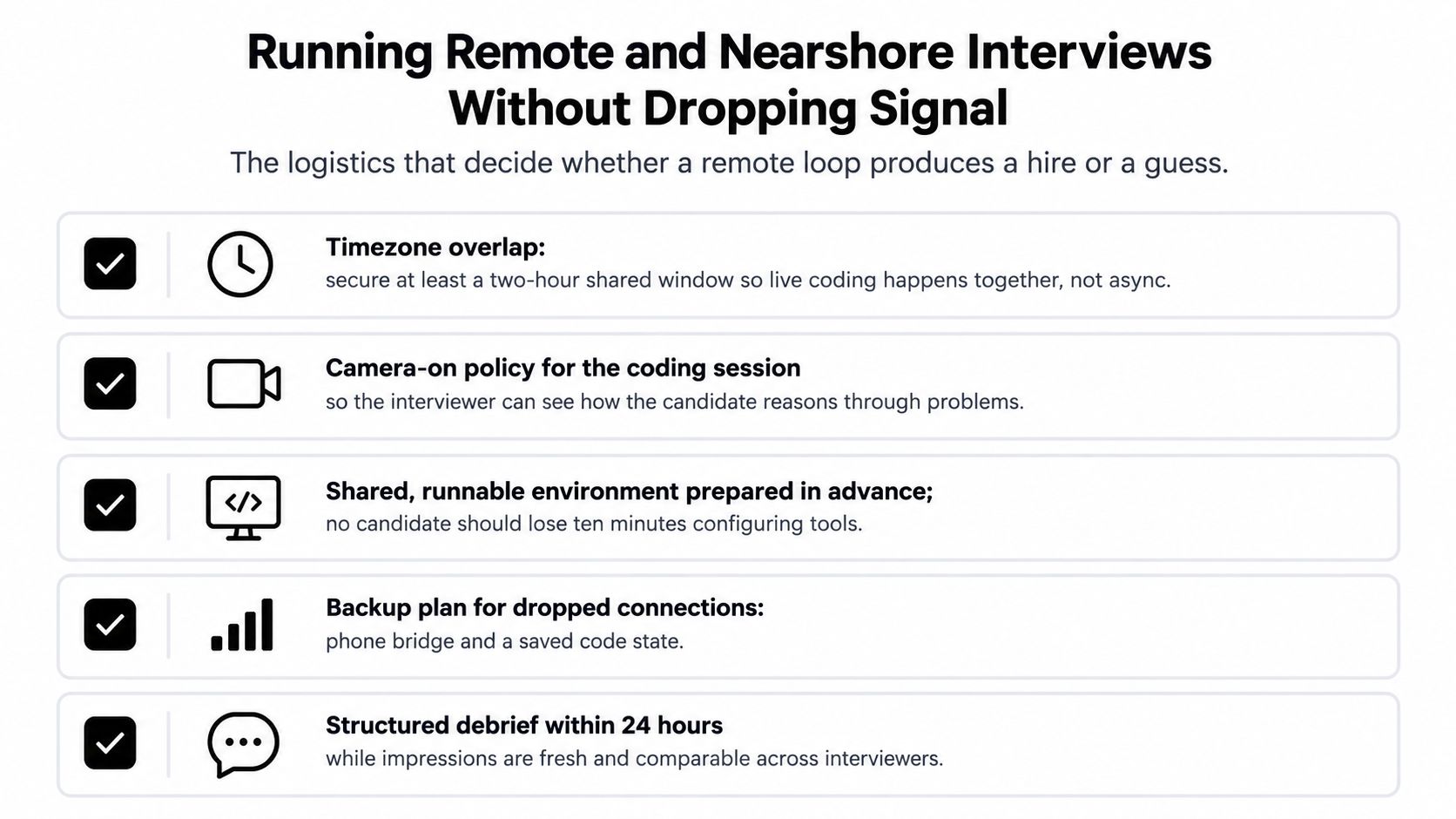 A checklist infographic outlining five essential steps for conducting effective remote and nearshore technical job interviews.