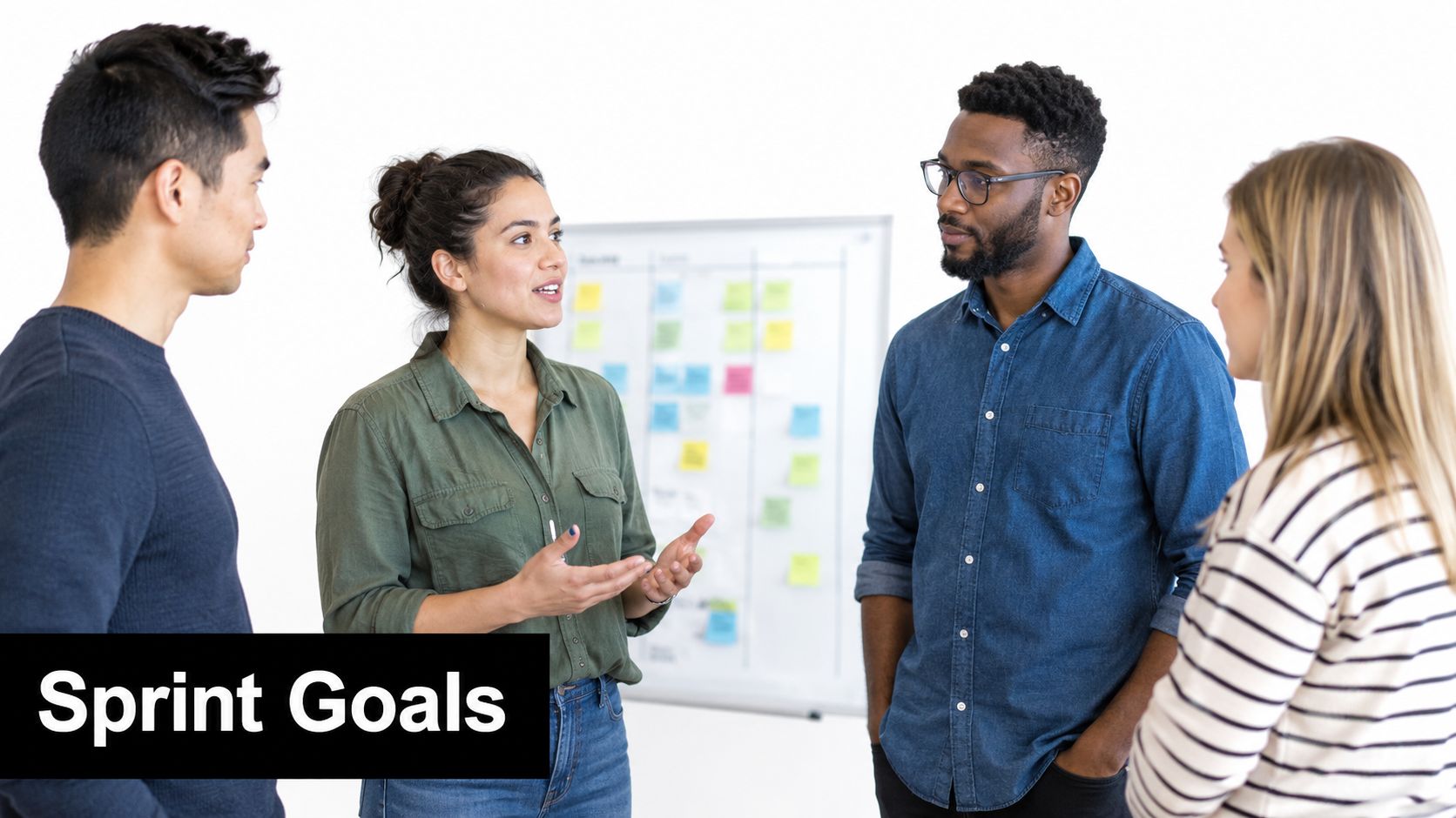 A diverse group of four professional team members collaborating and discussing sprint goals in an office space.