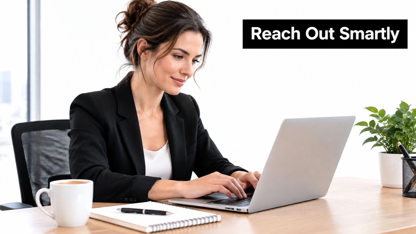 A professional woman in a business blazer typing on a laptop at her desk with a coffee.