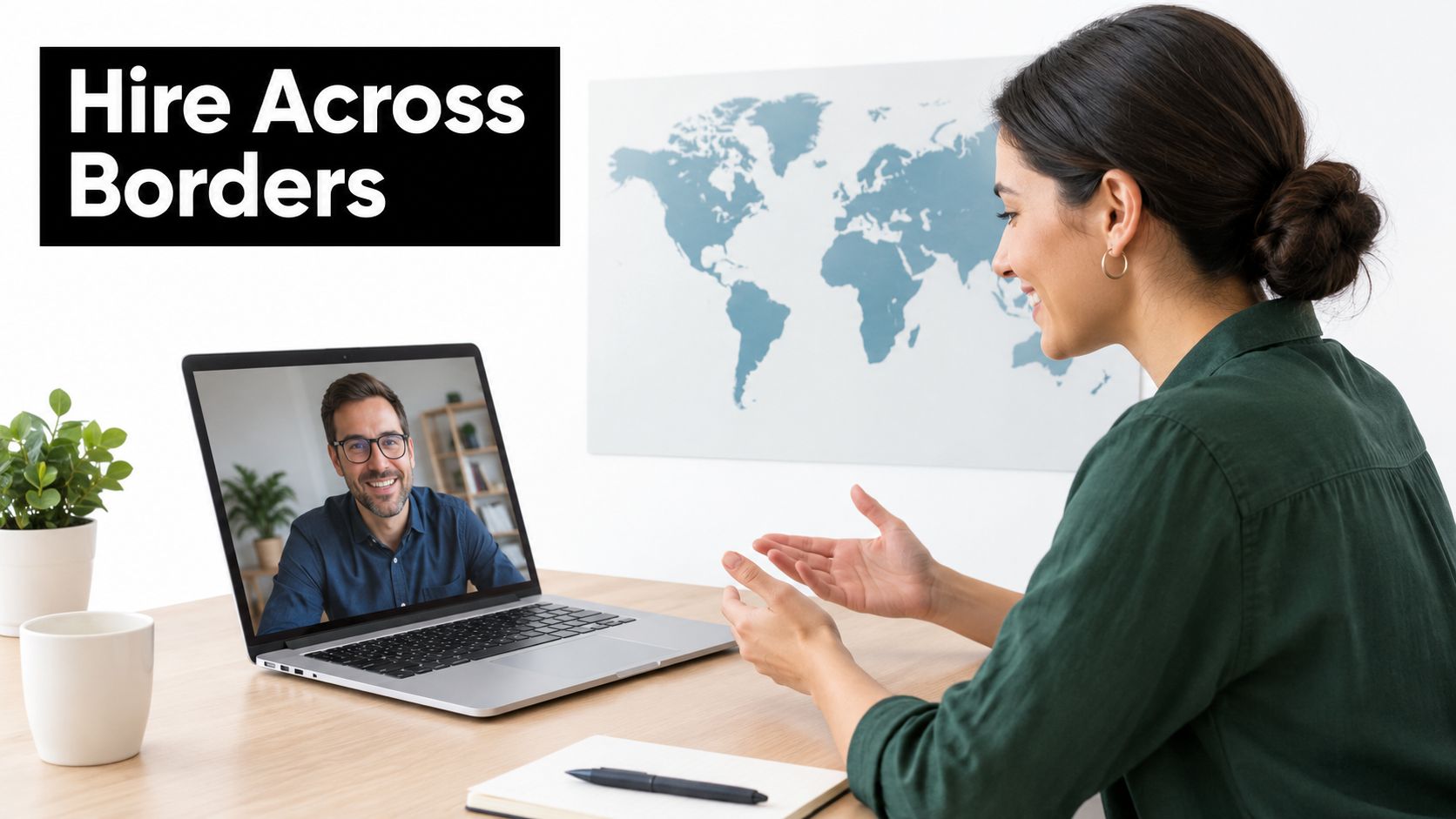 A professional woman having a video call with a male candidate for remote international hiring.