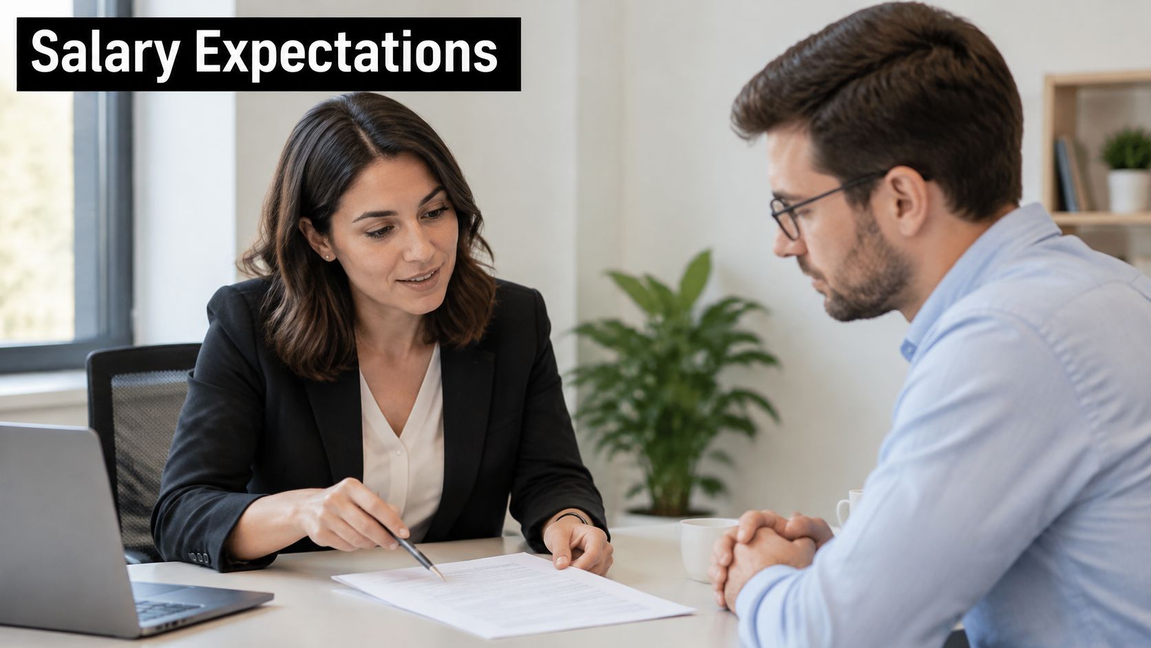 A professional woman in a blazer discussing salary expectations with a job candidate at an office desk.