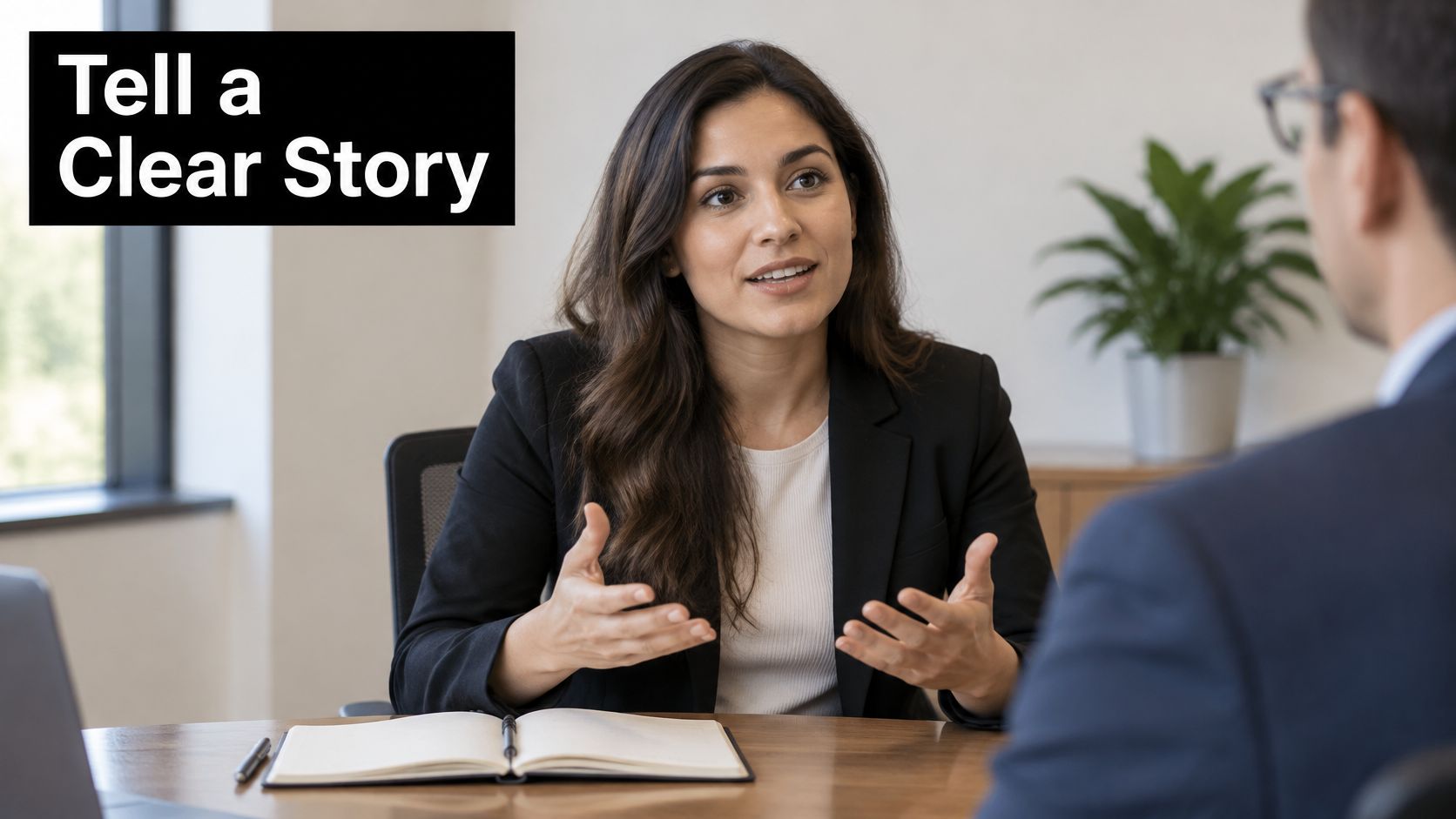 A professional woman in a business blazer gesturing while explaining something during a job interview conversation.