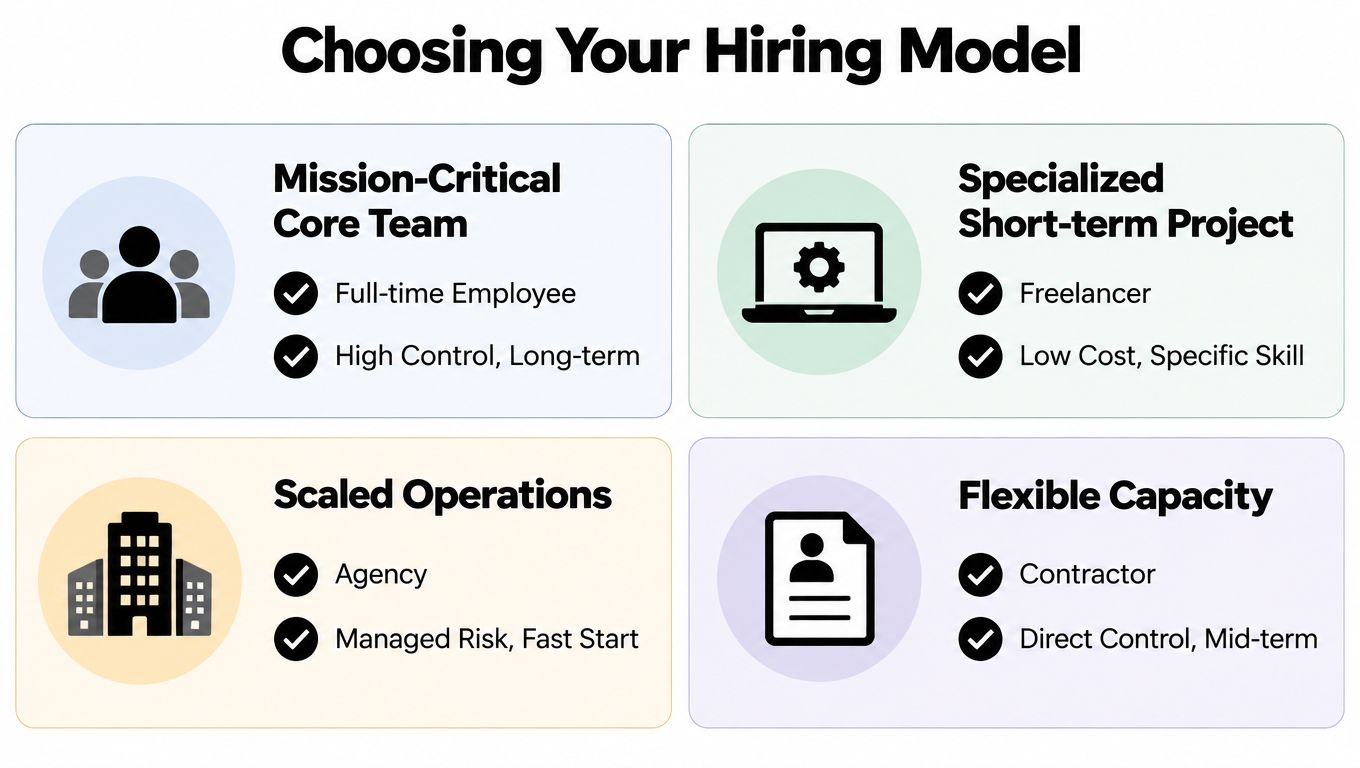 A diagram illustrating four hiring models: Core Team, Specialized Project, Scaled Operations, and Flexible Capacity.