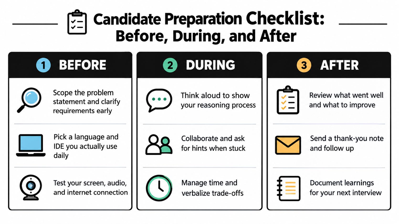 A professional infographic titled Candidate Preparation Checklist detailing essential steps to take before, during, and after an interview.