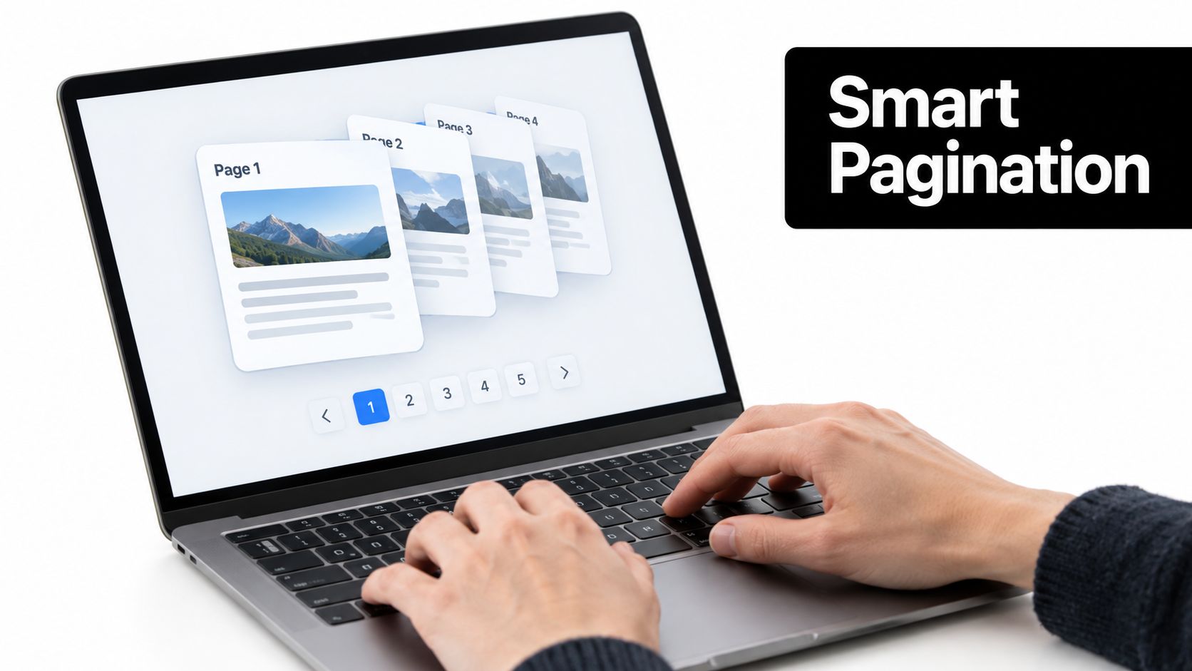 A person typing on a laptop displaying a Smart Pagination interface with multiple document pages shown.