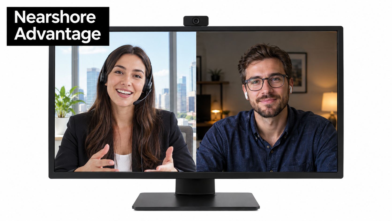 A professional video call on a monitor screen between a woman with a headset and a man.