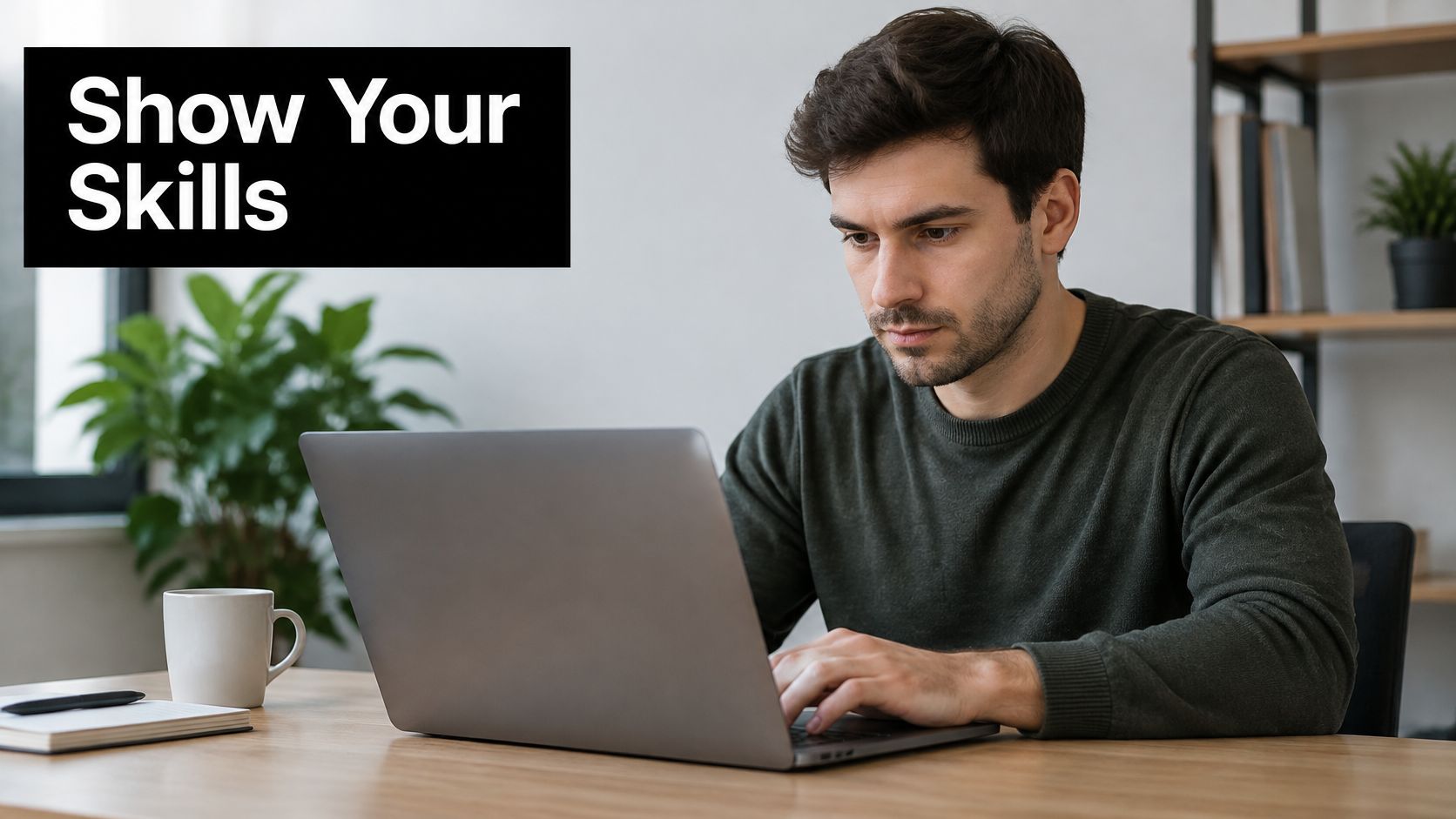 A focused man sitting at a desk and typing on a laptop, working in a modern home office.