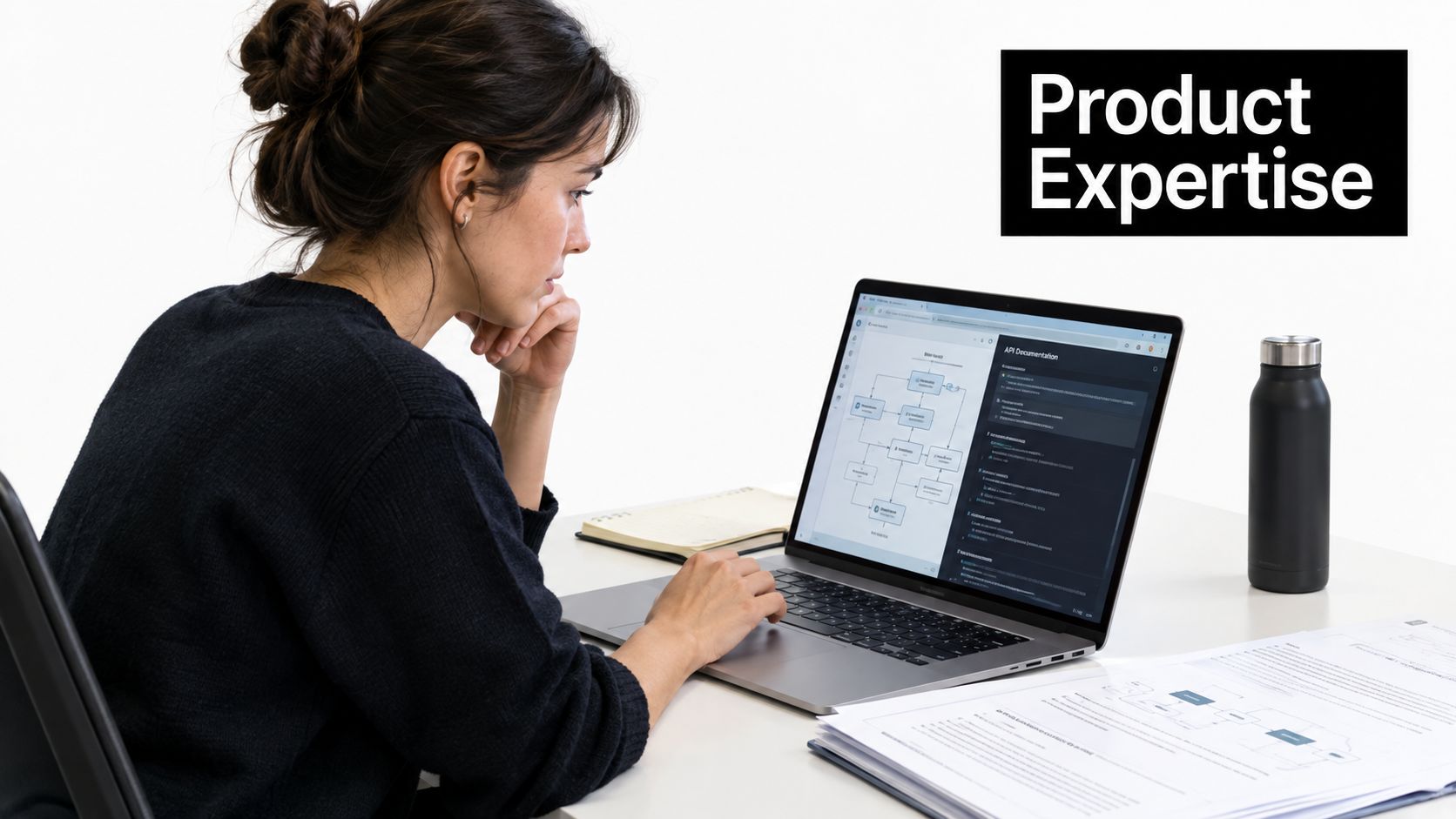 A professional woman sitting at a desk, focused on studying API documentation on her laptop screen.