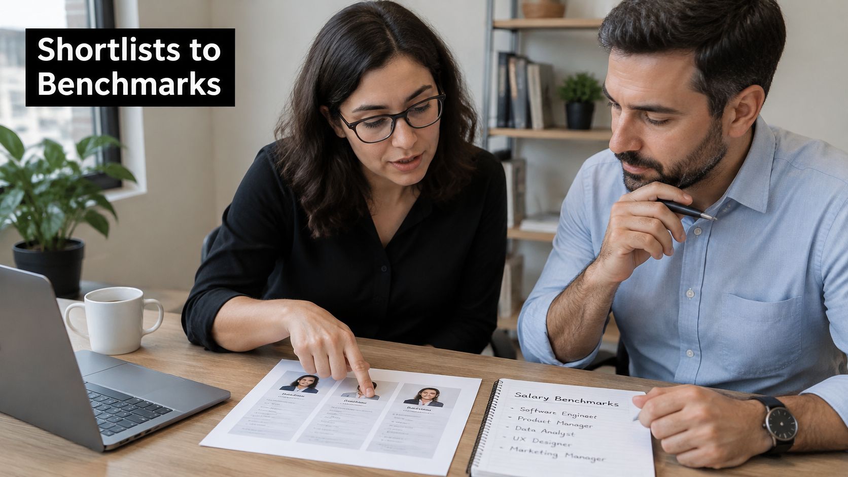 A professional woman pointing at candidate resumes while a man reviews a list of salary benchmarks.