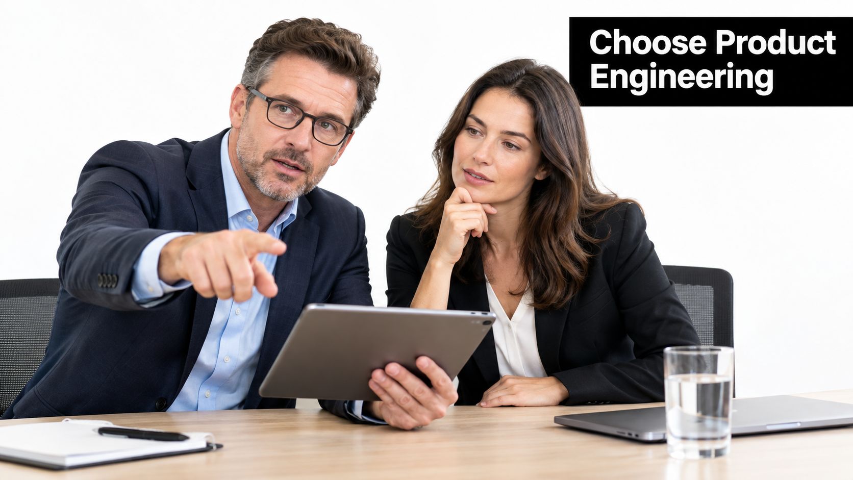 A professional man and woman discussing business strategy using a tablet computer in a modern office.