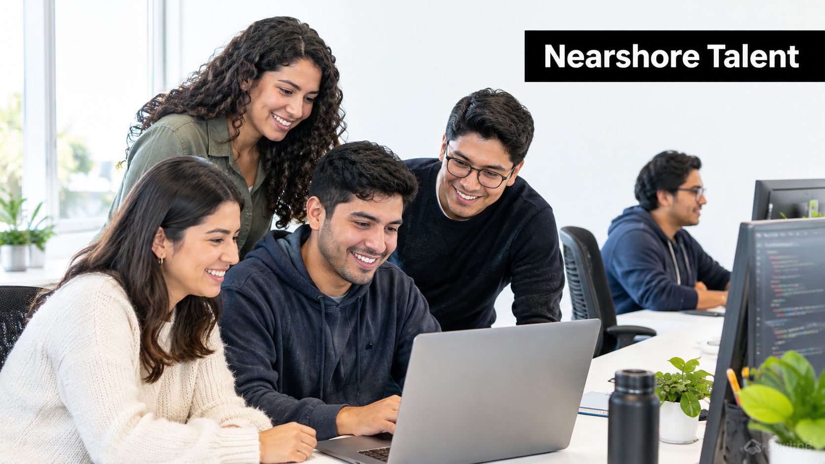 A diverse team of young developers collaborating on a software project at a modern office workspace.