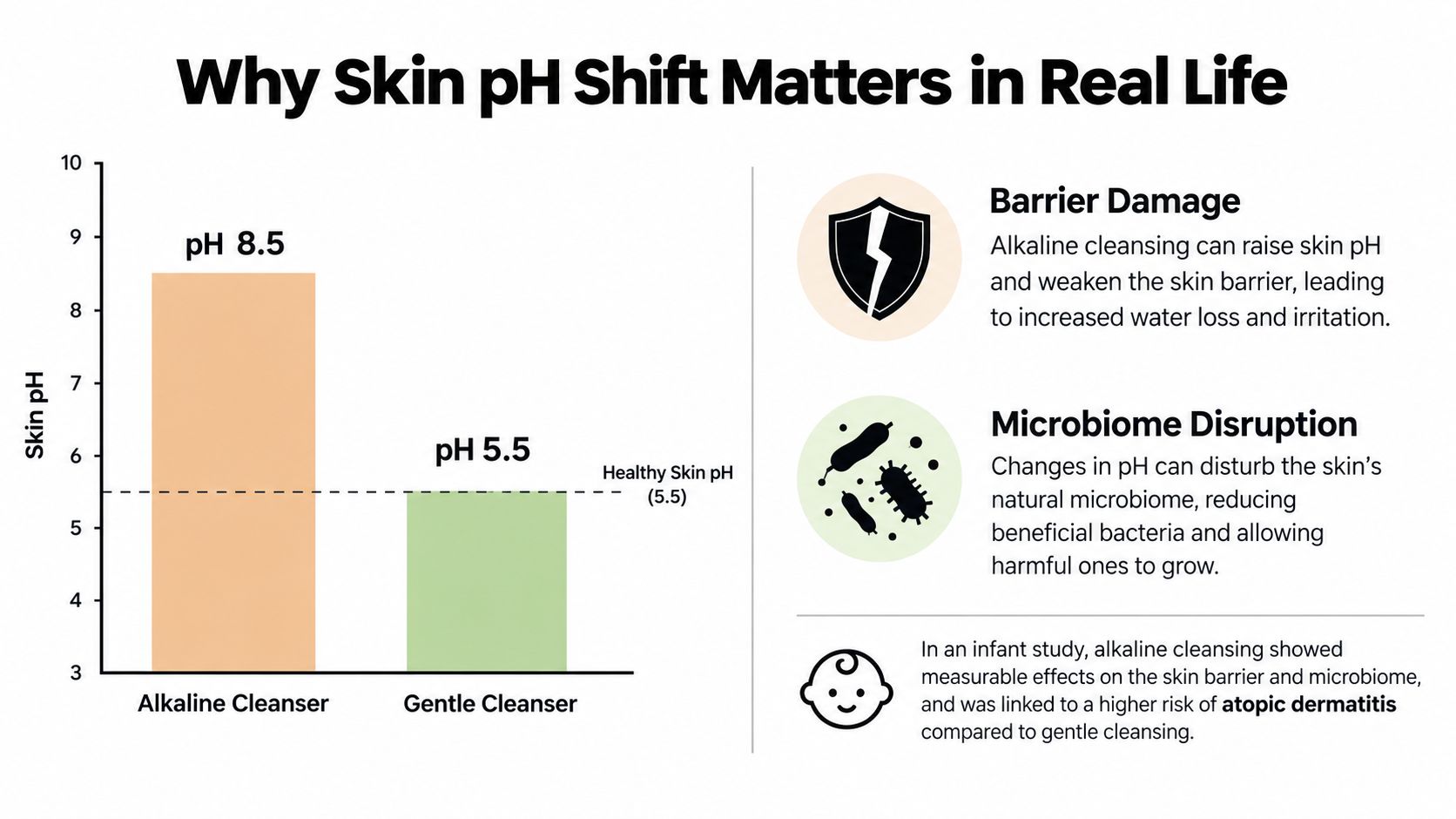 A chart comparing skin pH levels between alkaline and gentle cleansers with explanations of skin health impacts.