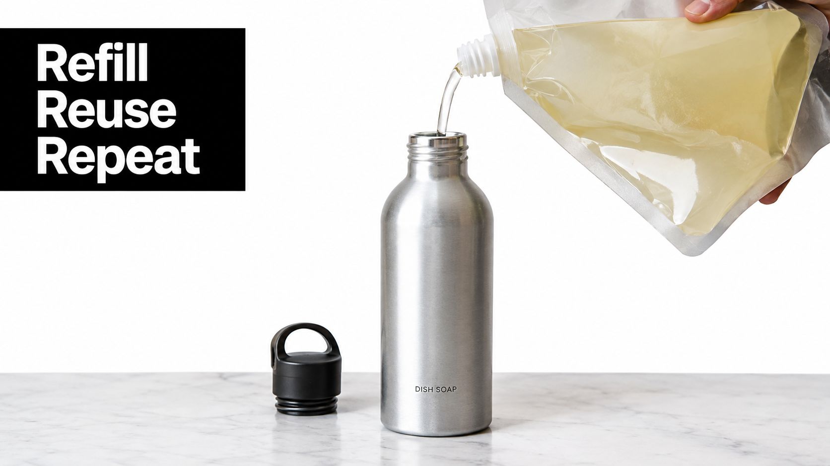 A hand pours light-colored dish soap from a refill pouch into a reusable metal bottle.