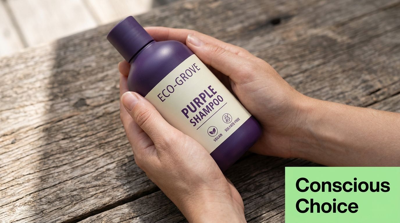 A person holding a purple Eco-Grove shampoo bottle against a rustic wooden background, featuring a green conscious label.