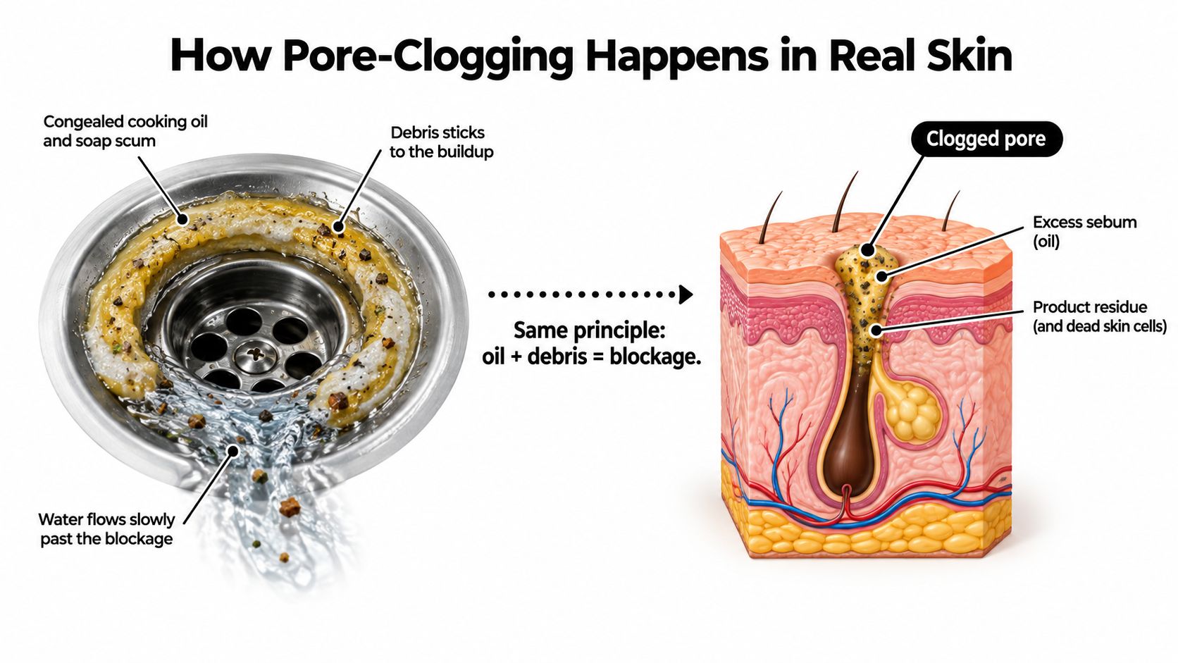 A diagram comparing a clogged kitchen sink drain to a clogged skin pore caused by sebum.