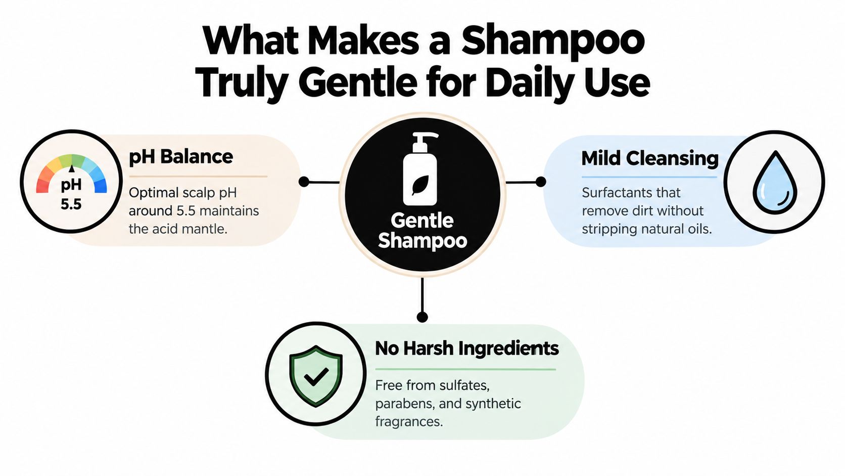An infographic illustrating the three main components of a gentle shampoo for daily use: pH balance, mild cleansing, and no harsh ingredients.