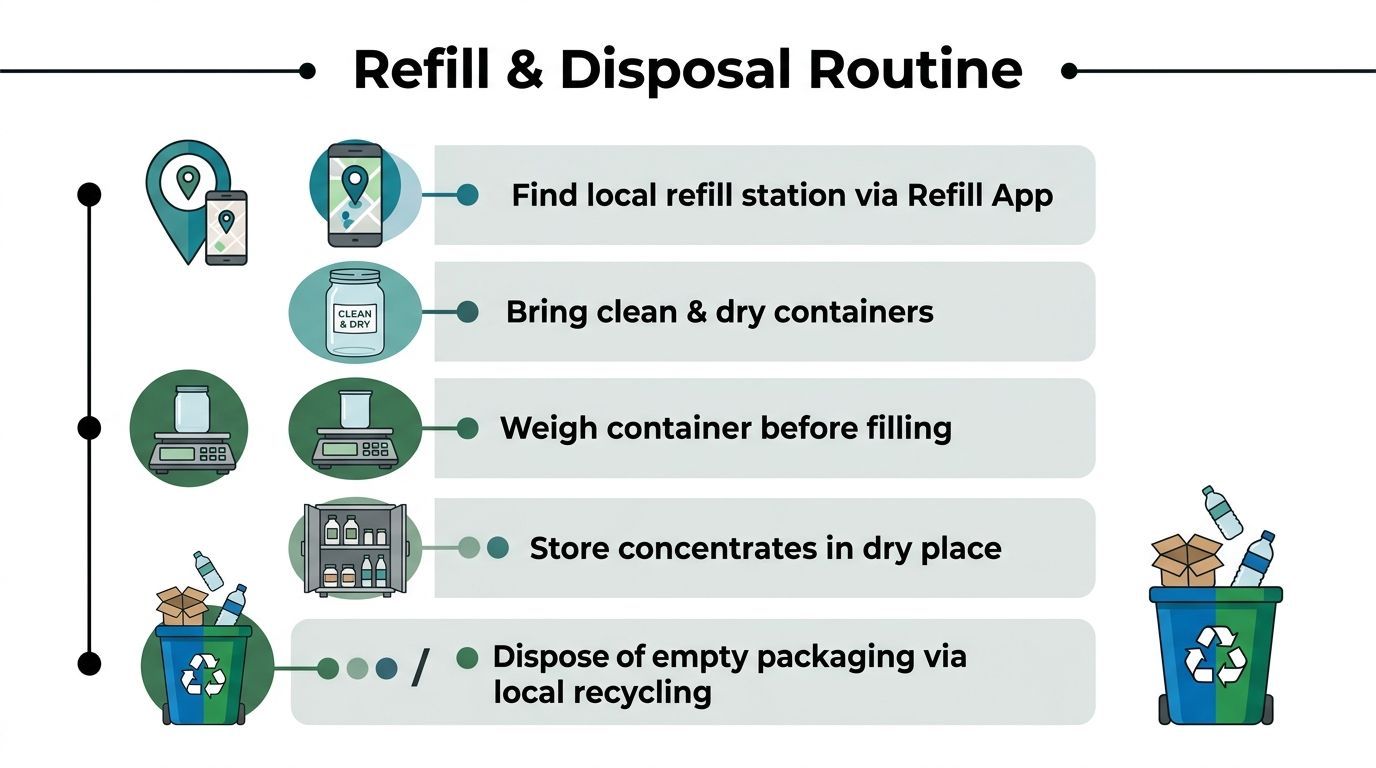 A step-by-step infographic showing a refill and disposal routine for sustainable zero waste shopping and recycling.