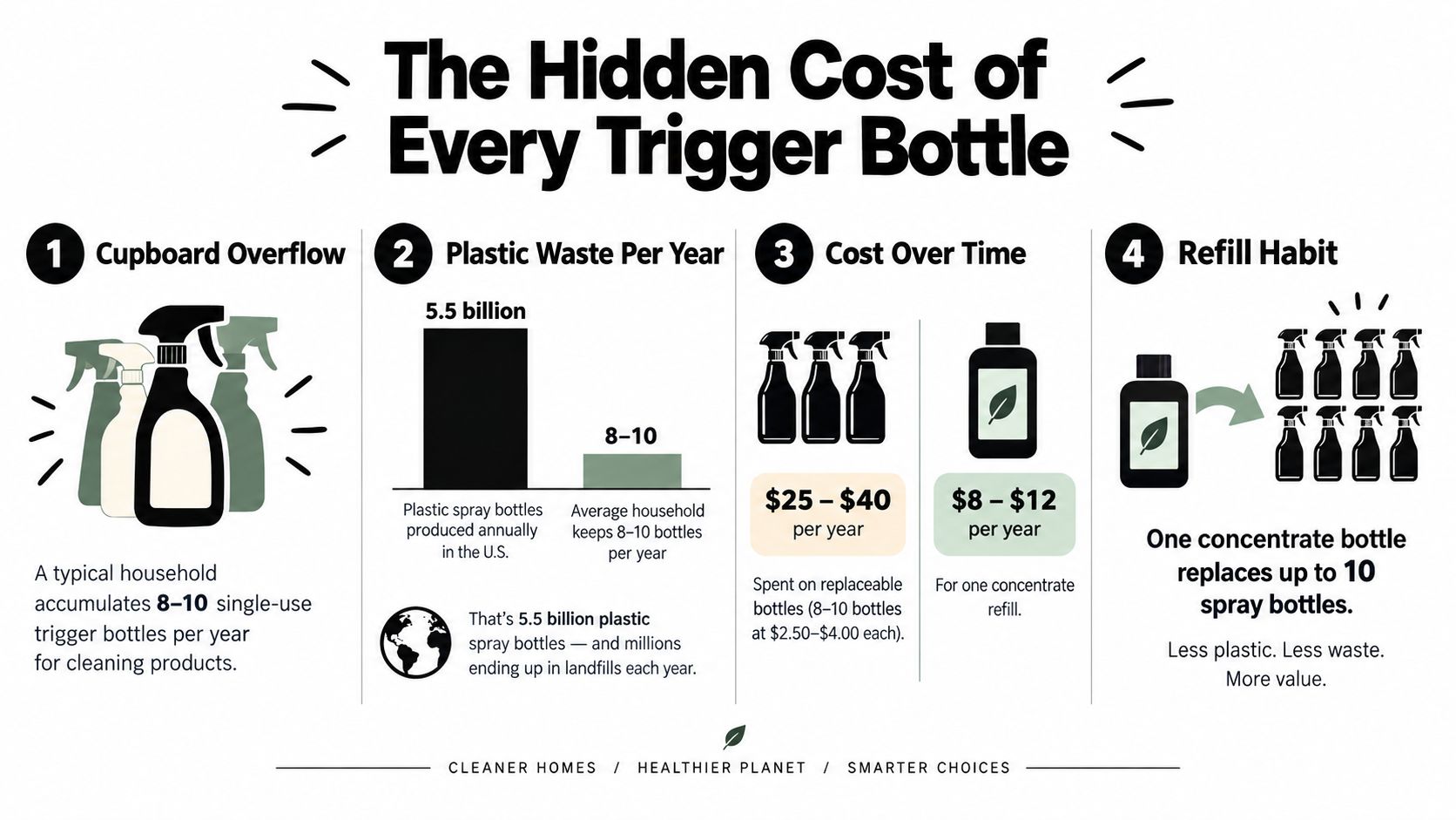 An infographic illustrating the environmental and financial benefits of using refillable cleaning concentrate over single-use plastic bottles.