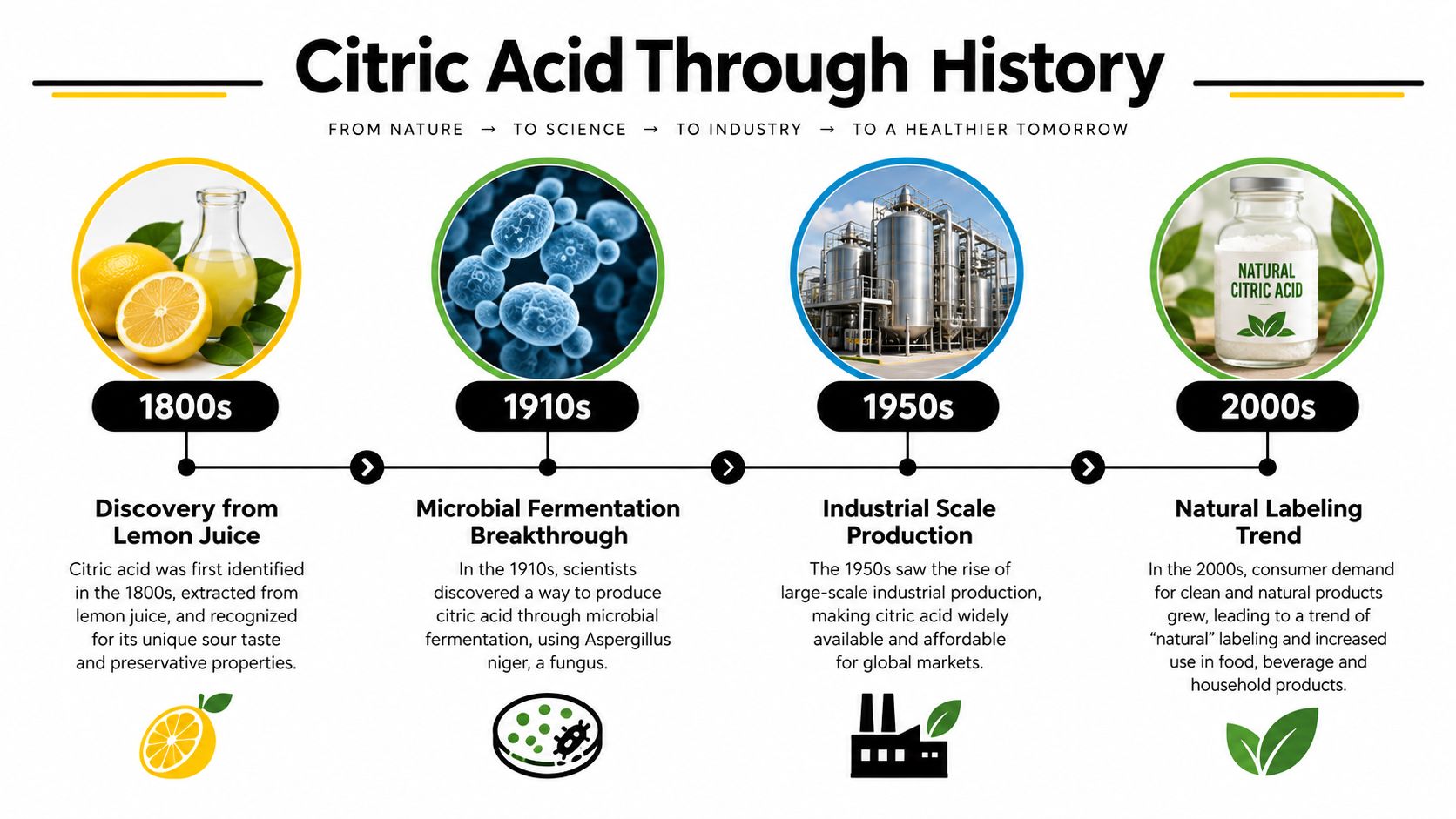 A timeline graphic illustrating the history of citric acid from 1800s lemon extraction to modern natural labeling trends.
