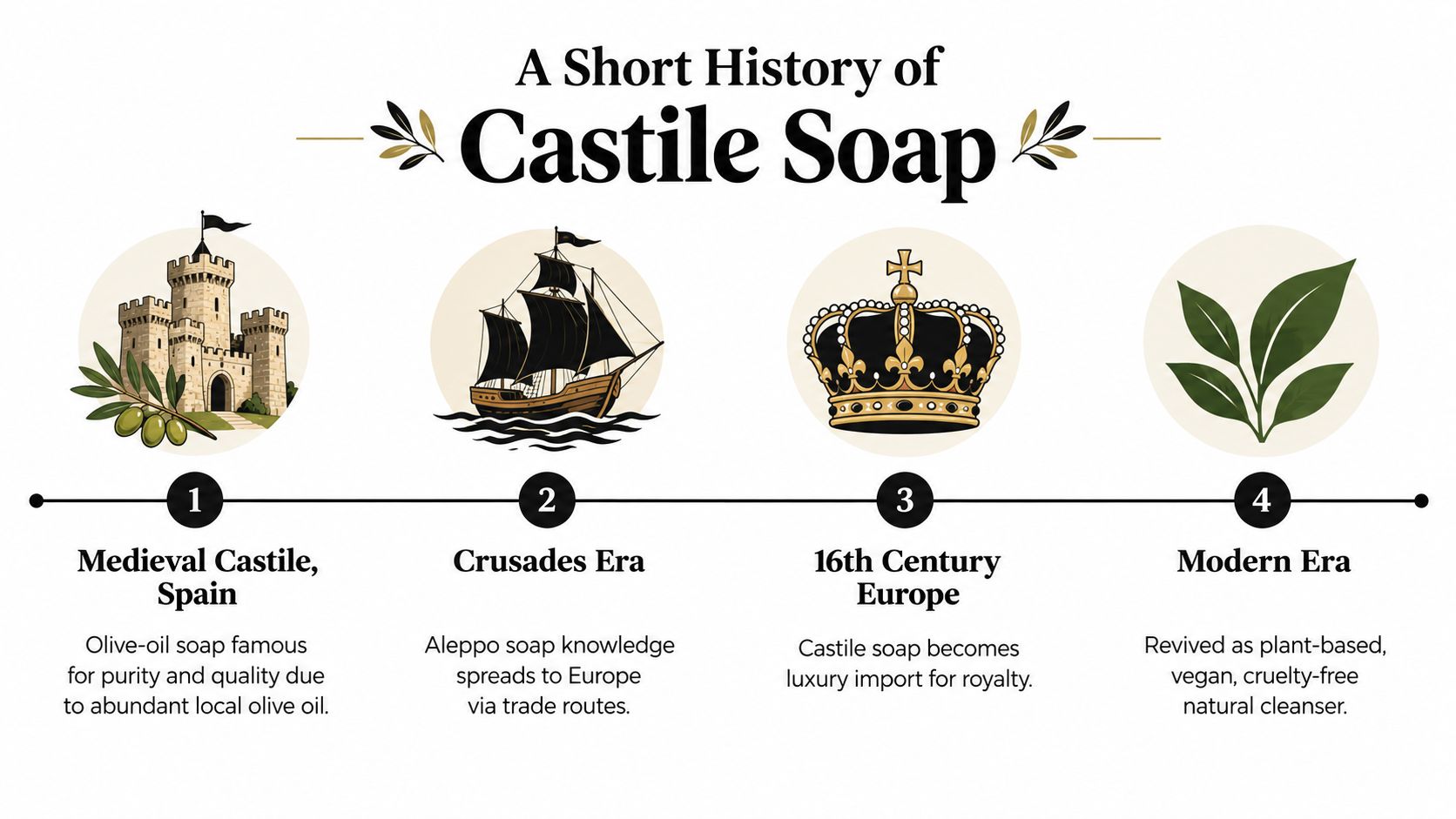 A timeline graphic showing the history of Castile soap from medieval Spain to the modern era.