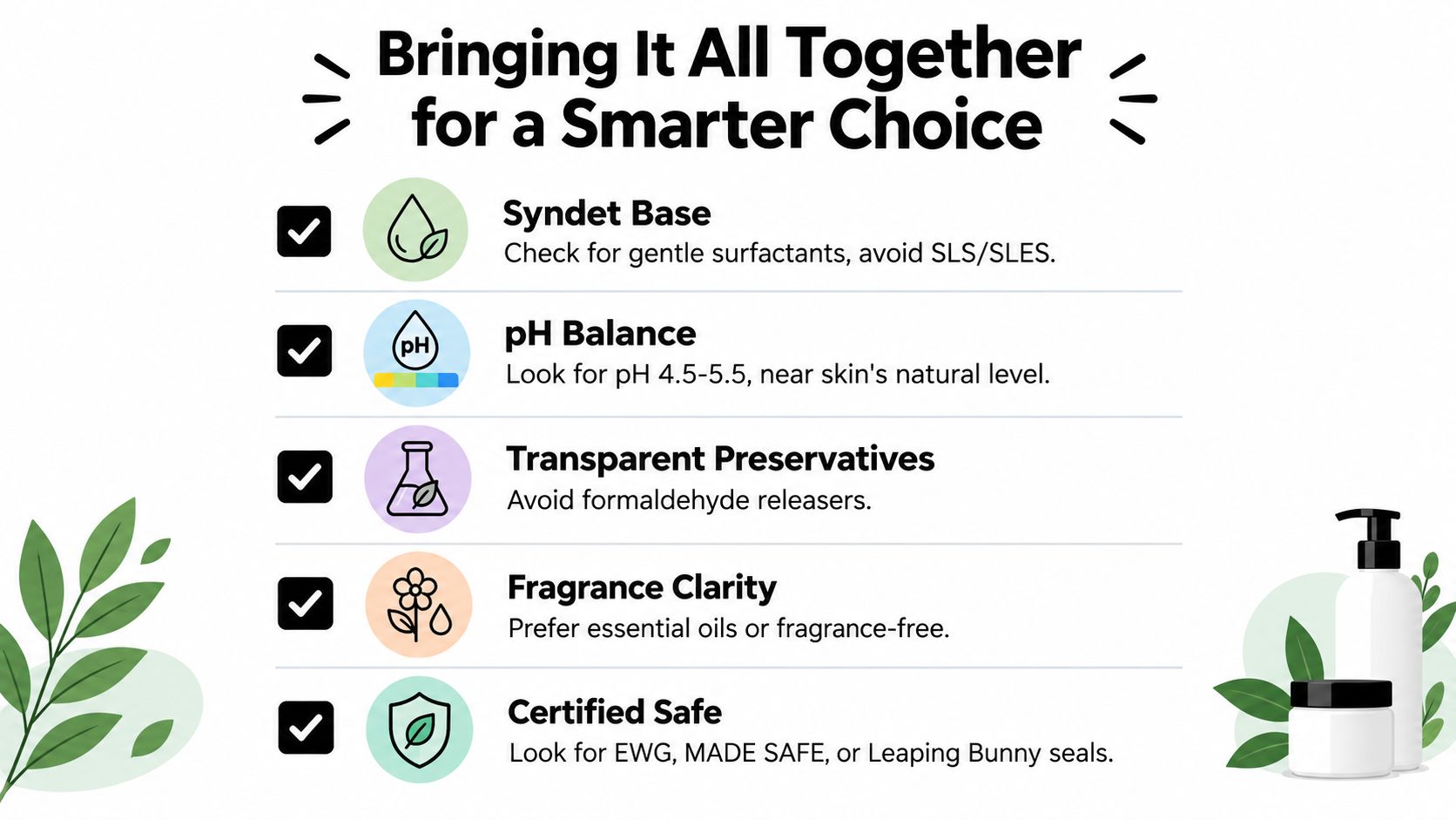 A checklist infographic titled Bringing It All Together for a Smarter Choice, detailing non-toxic skincare selection criteria.