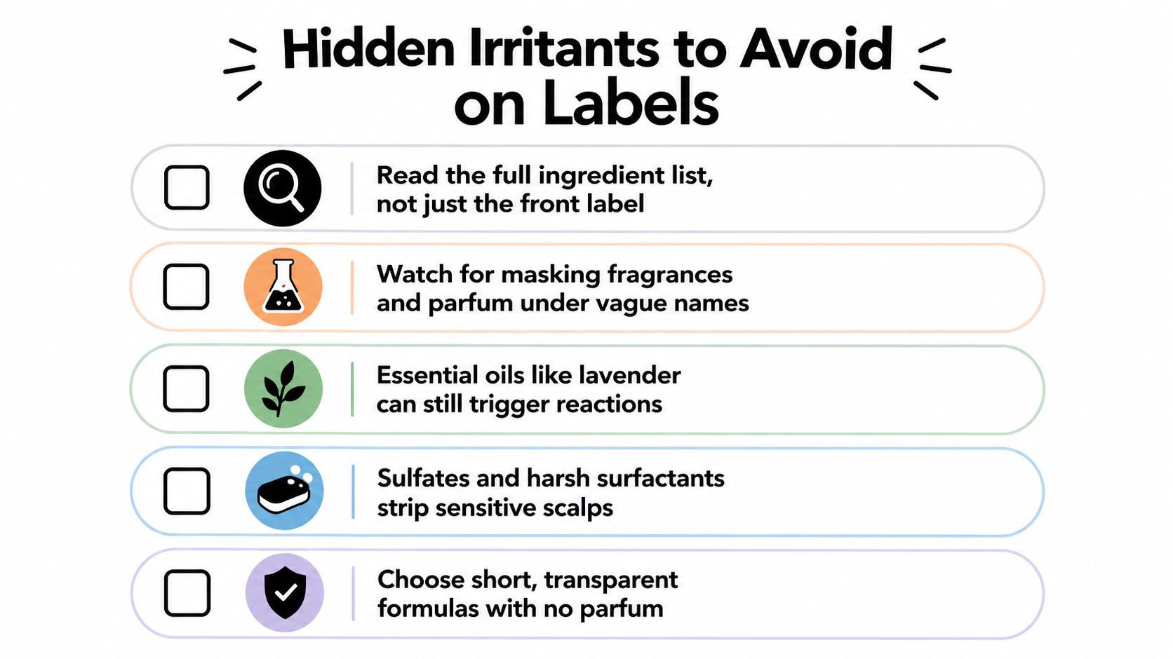 An infographic checklist with tips on identifying hidden irritants and avoiding perfumes in hair care products.